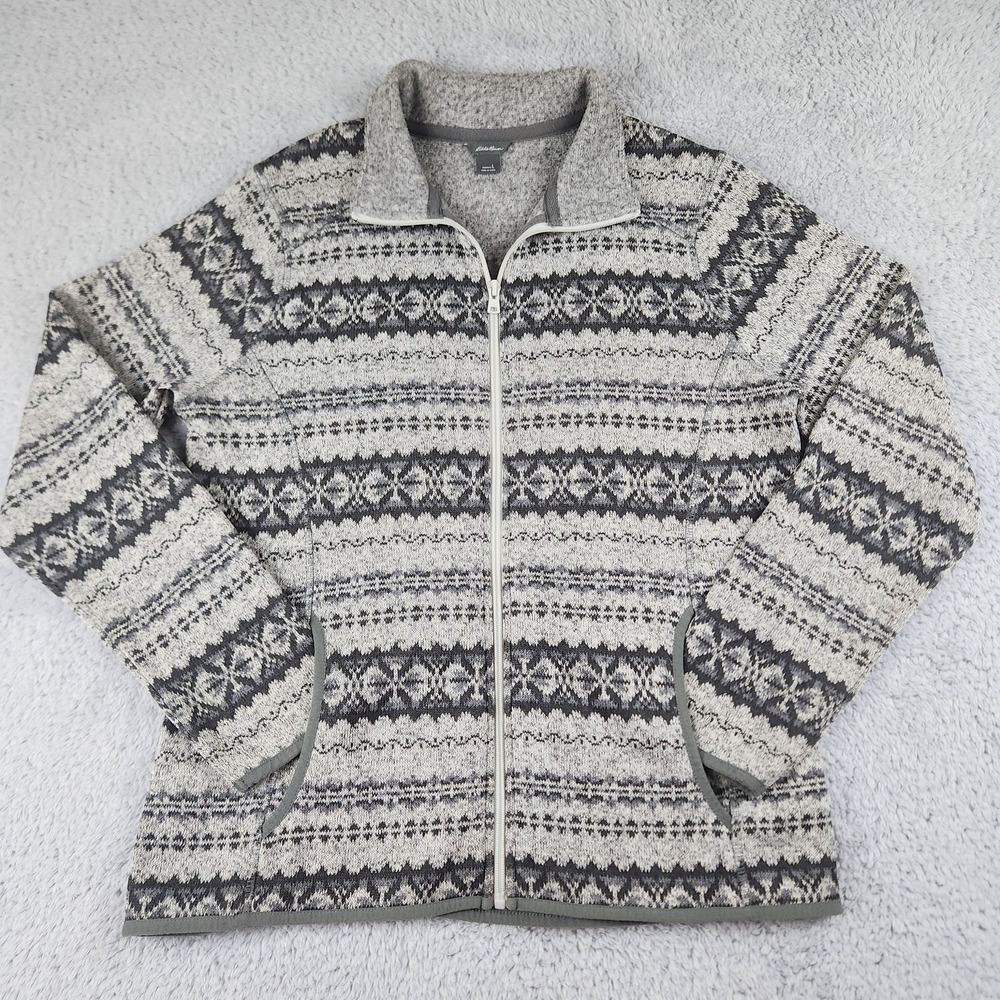 Eddie Bauer Sweater Womens Large Gray Fair Isle Full Zip Fleece Jacket Fall 2017